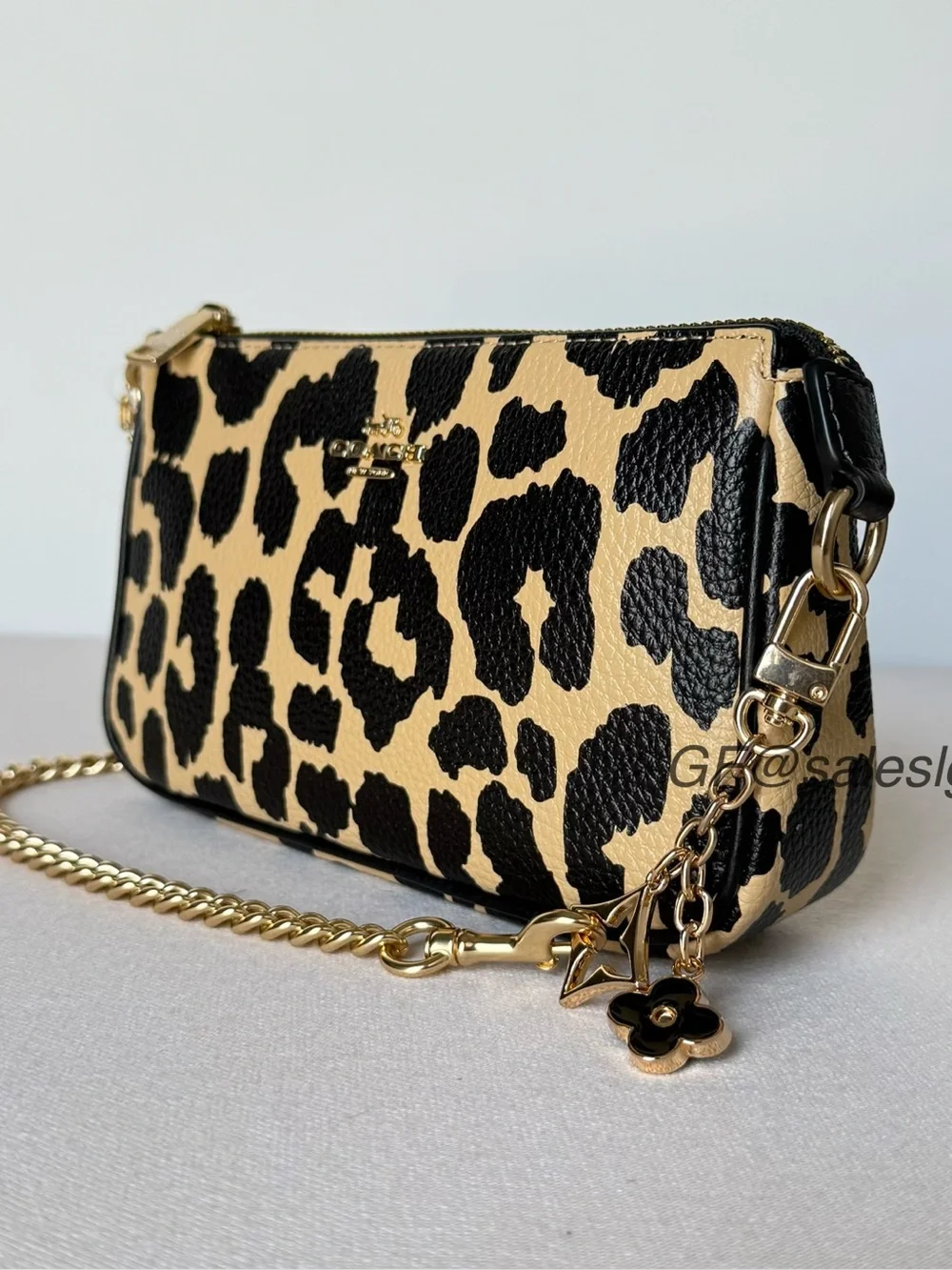 NWT Coach Nolita 19 Wristlet Small Bag Leopard Print Gold/Black Tan + extender